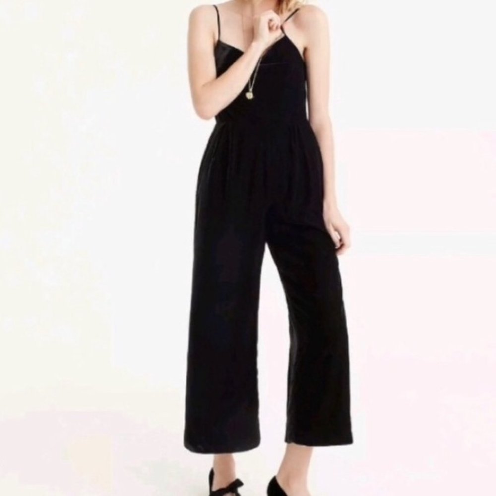 NWT J Crew Cropped Velvet Jumpsuit Black Sz 00 H2658